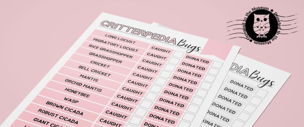Critterpedia bug donation tracker planner printable by Nadia at Her Busy Day dot com.