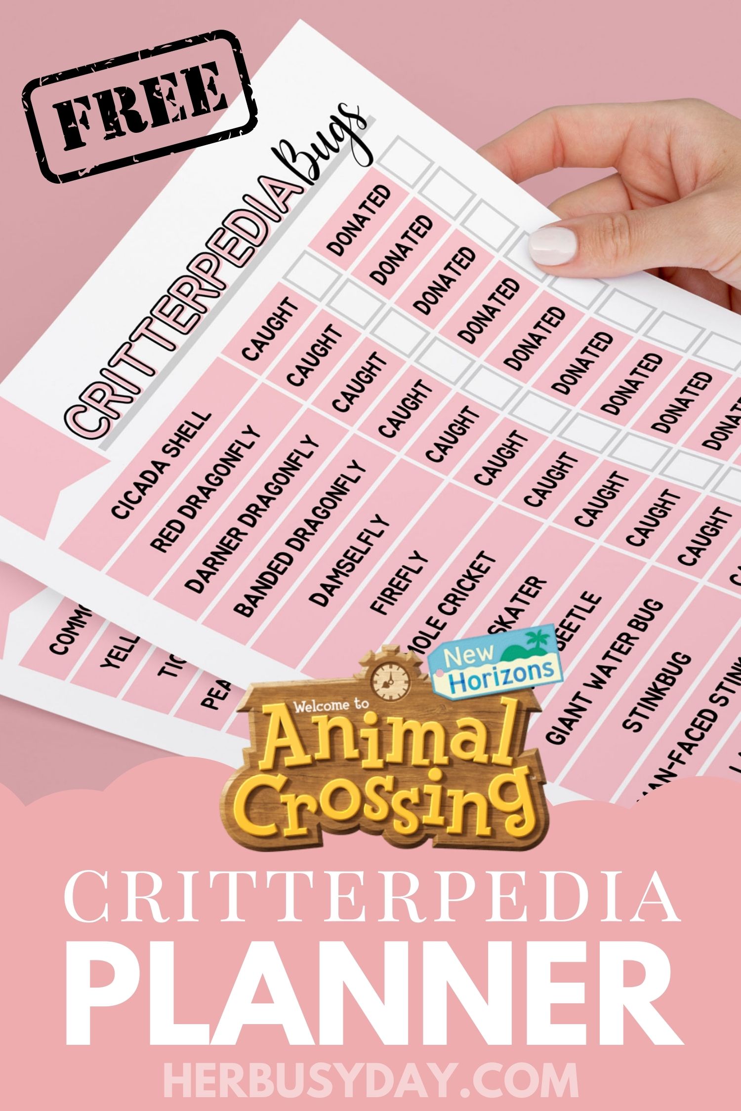 Critterpedia Animal Crossing New Horizons Printable Planner Page Bug